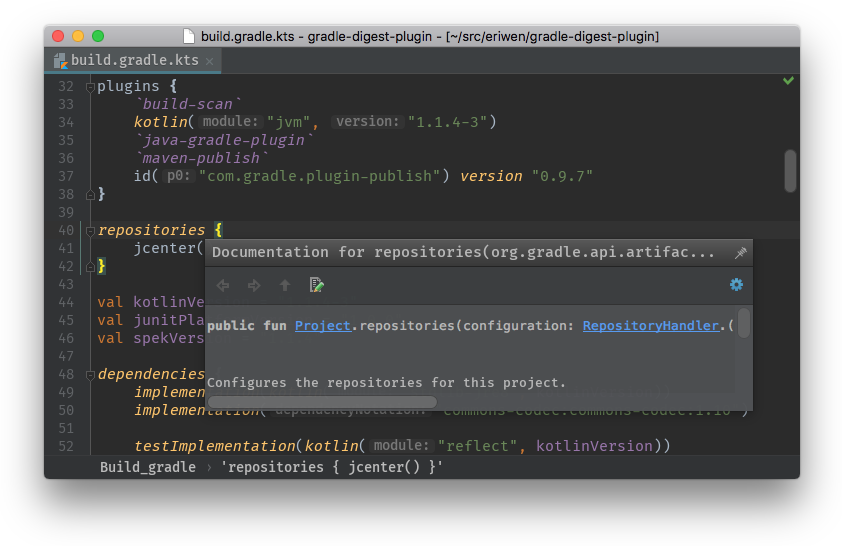 Gradle build script written with Kotlin in an IDE